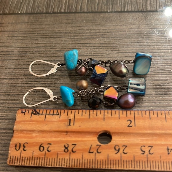 Vintage Sterling Lever Back Shell, Stone, and Crystal Dangle Earrings - Picture 6 of 12